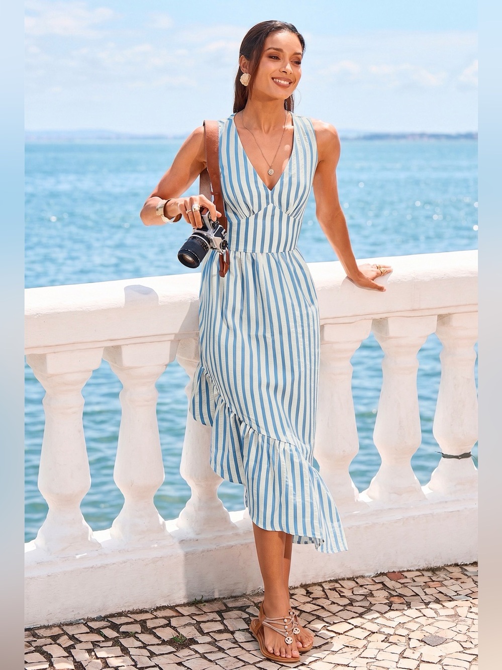 Blue & White Striped Crepe Sleeveless V-Neck Asymmetric Hem Midi Dress